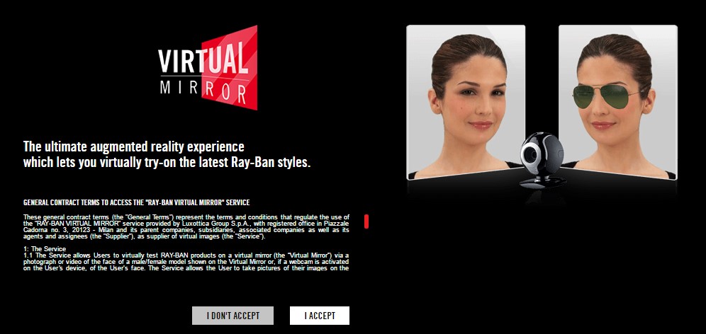 Aplicación web de RayBan de Realidad Virtual para colocar las gafas de una forma digital